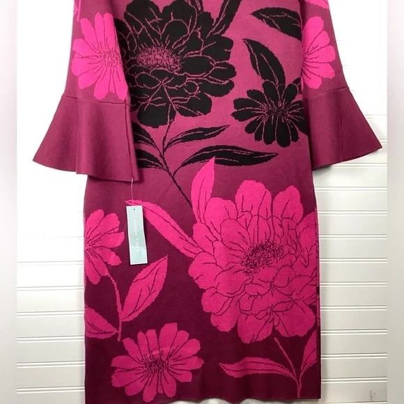 London Times NWT Women'sBell Sleeve Floral Print Sheath Sweater Dress Size XL